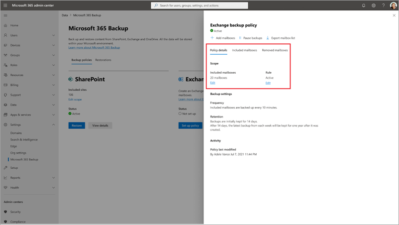 Screenshot showing how to add mailboxes to the existing Exchange backup policy in the Microsoft 365 admin center.