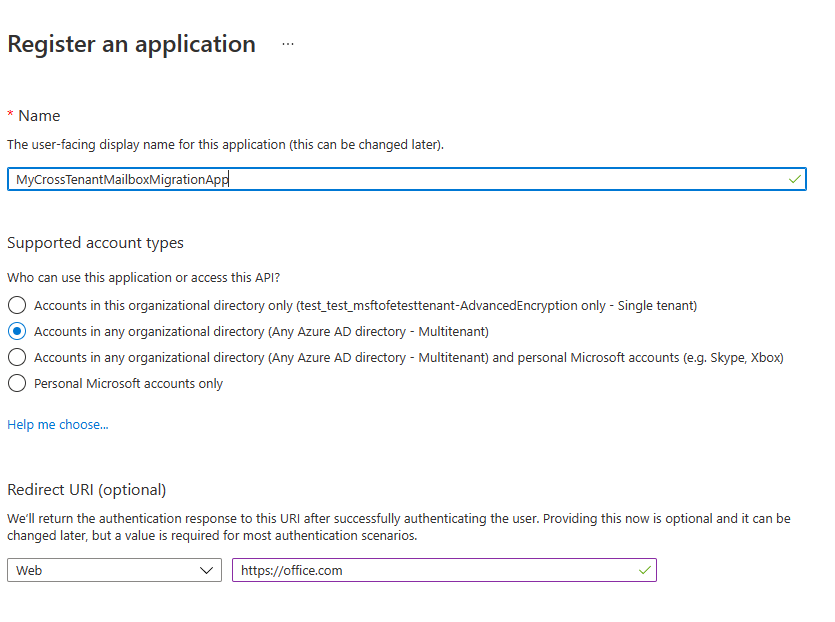 Screenshot of the form 'Register an application'.
