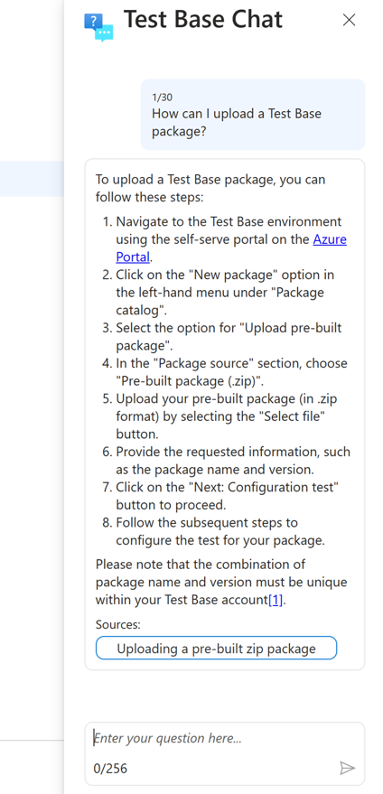 Screenshot of the test base chat page.