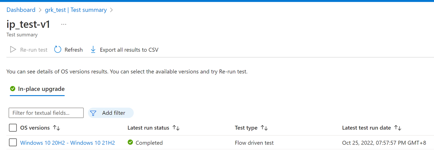 Screenshot shows test summary in place upgrade.