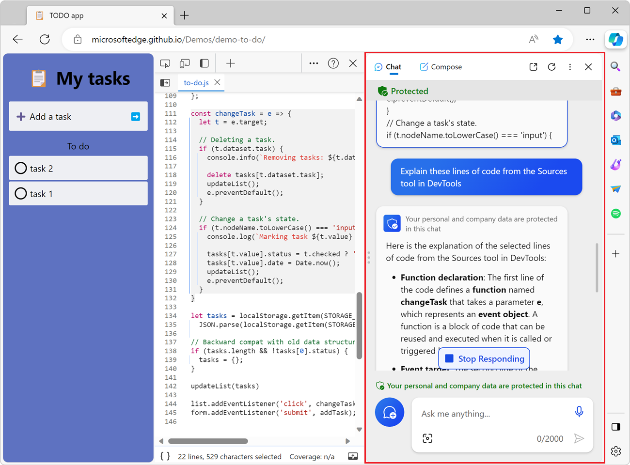 Copilot in the Microsoft Edge sidebar, showing the source code and the explanation.