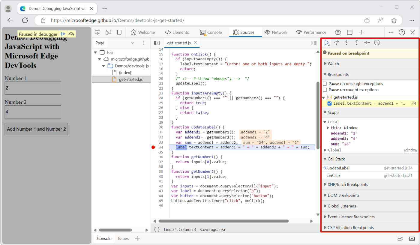 The Debugger pane of the Sources tool