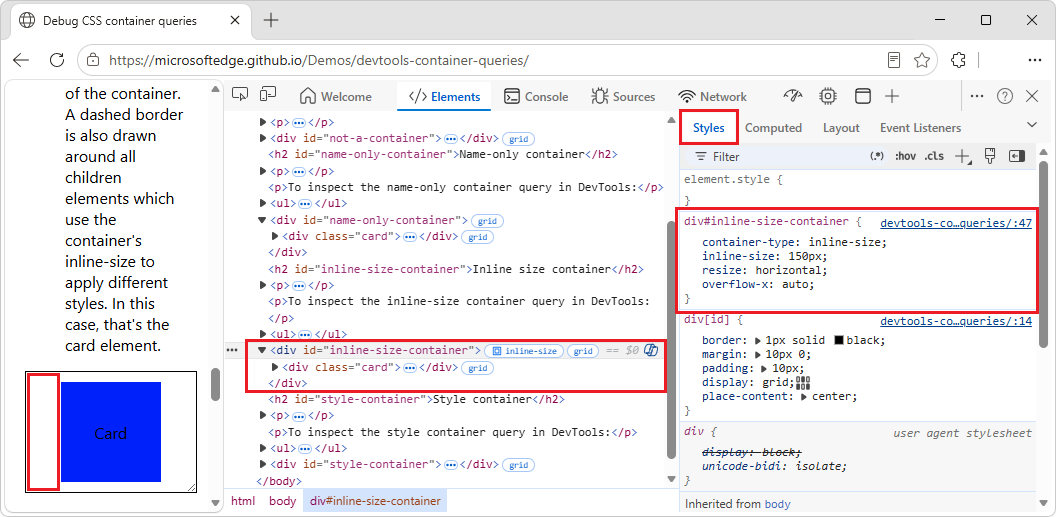 inline-size badge in the DOM tree