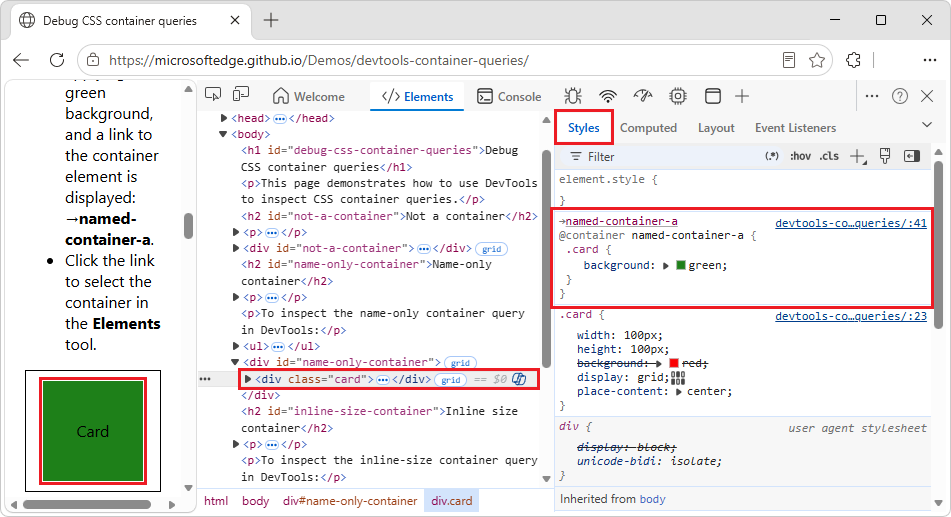DOM tree for card in named container