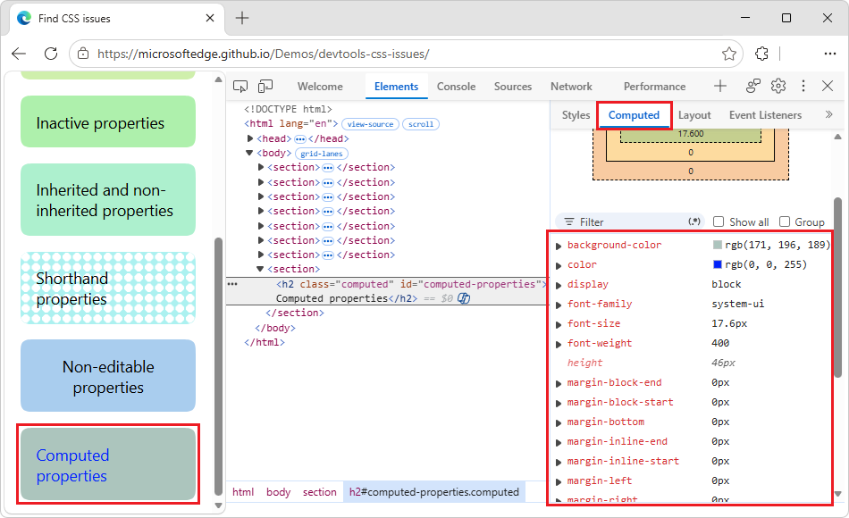 Declared CSS properties