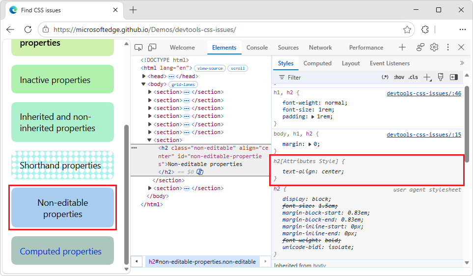 CSS properties that can't be edited