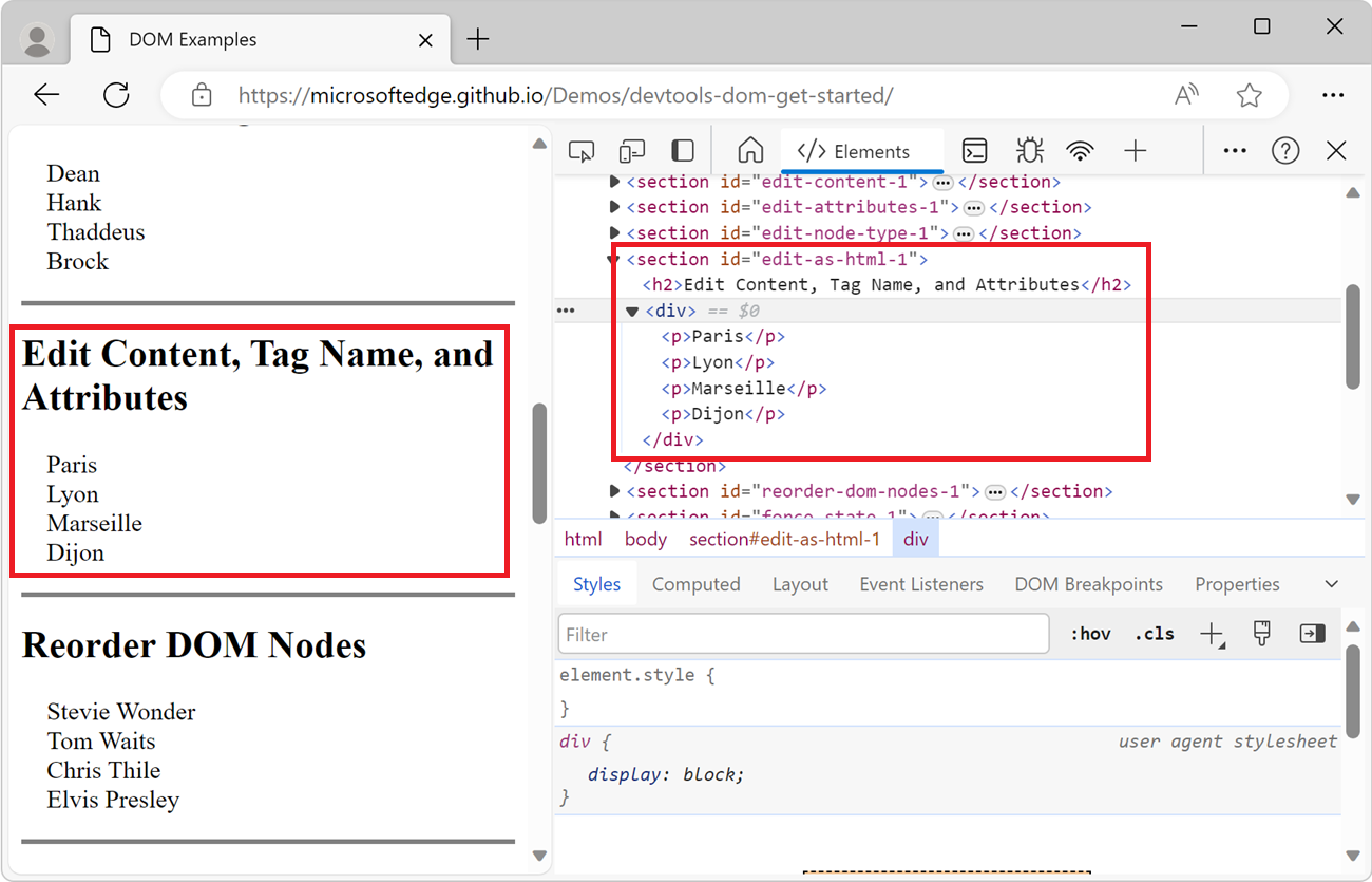The new DOM tree, with the an extra node, after the HTML editor closed