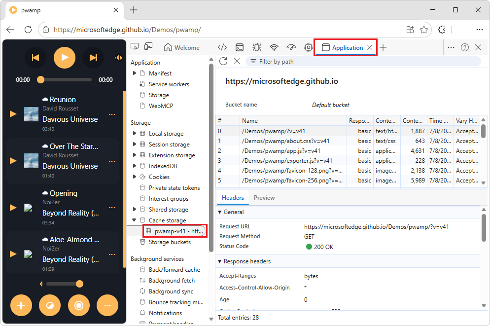 The Cache storage page