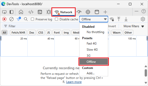 The DevTools window, showing where to switch the Throttling value to Offline