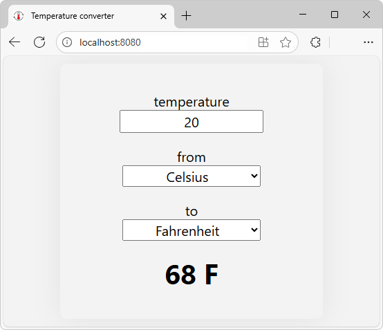 The temperature convertor app in the browser at localhost