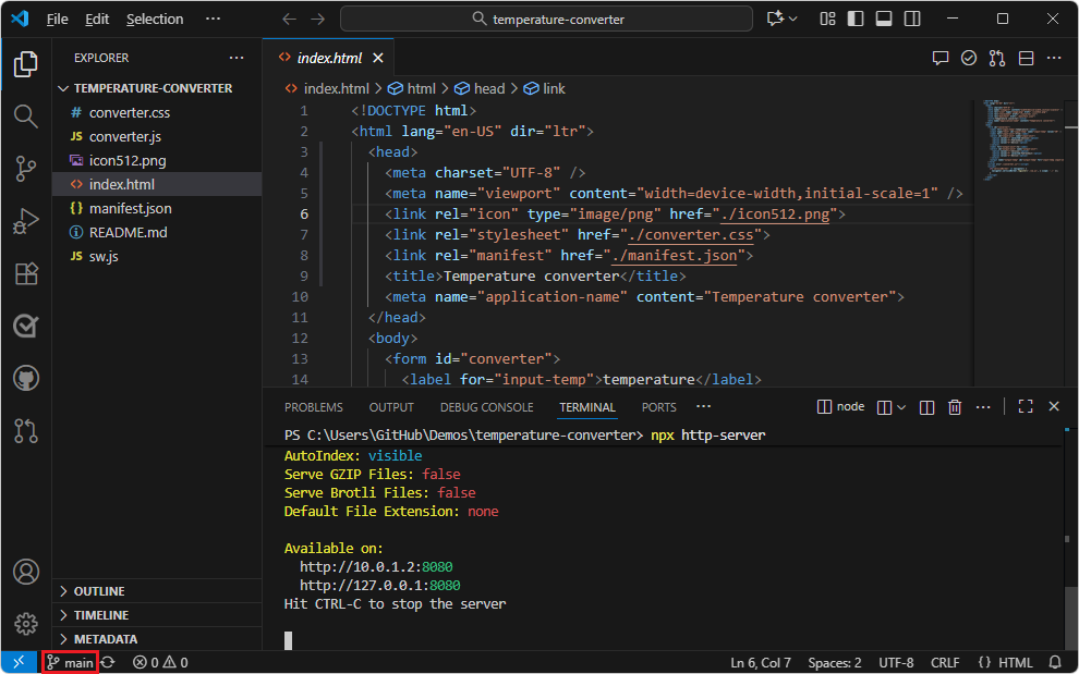 The main branch indicated in lower left of VS Code