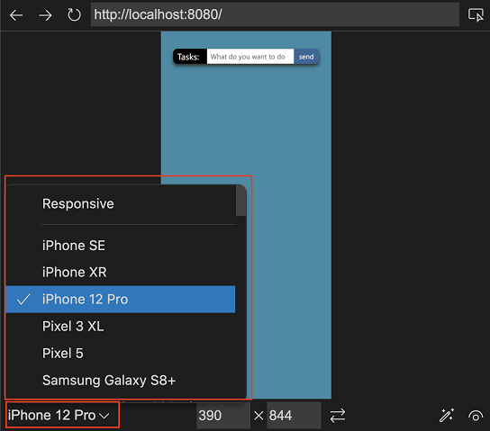 Emulation toolbar offering different devices to emulate