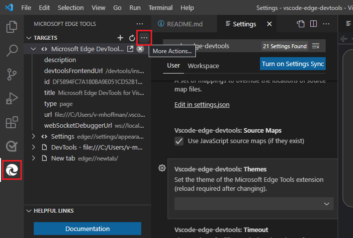 The More Actions icon on the Microsoft Edge Tools: Targets panel, to change the settings of the DevTools extension