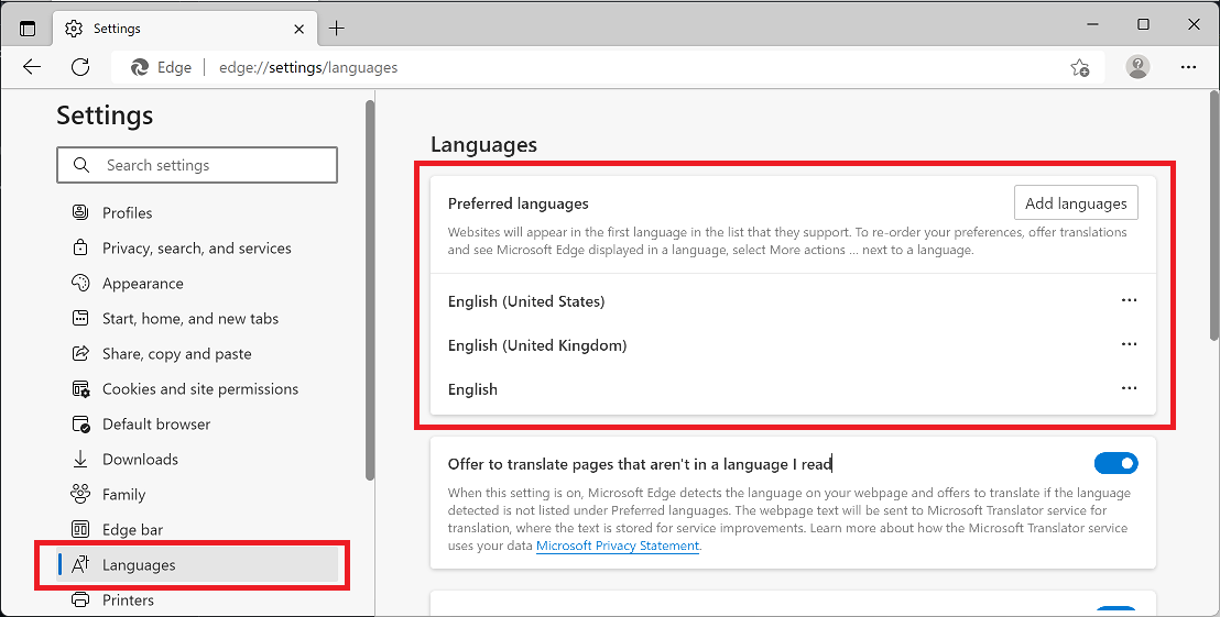 The 'Preferred languages' section of the Settings > Languages page