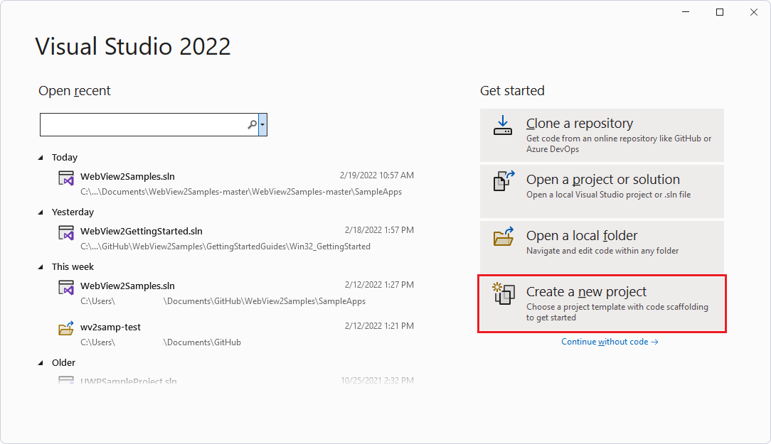 The Visual Studio opening panel displays the Create a new project card
