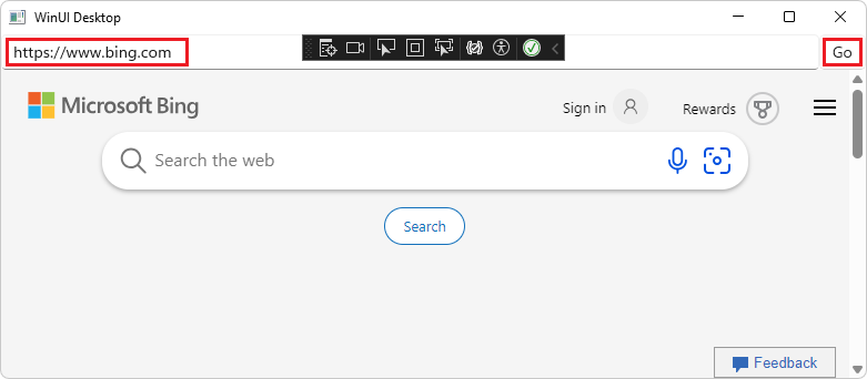 App displaying the Bing website