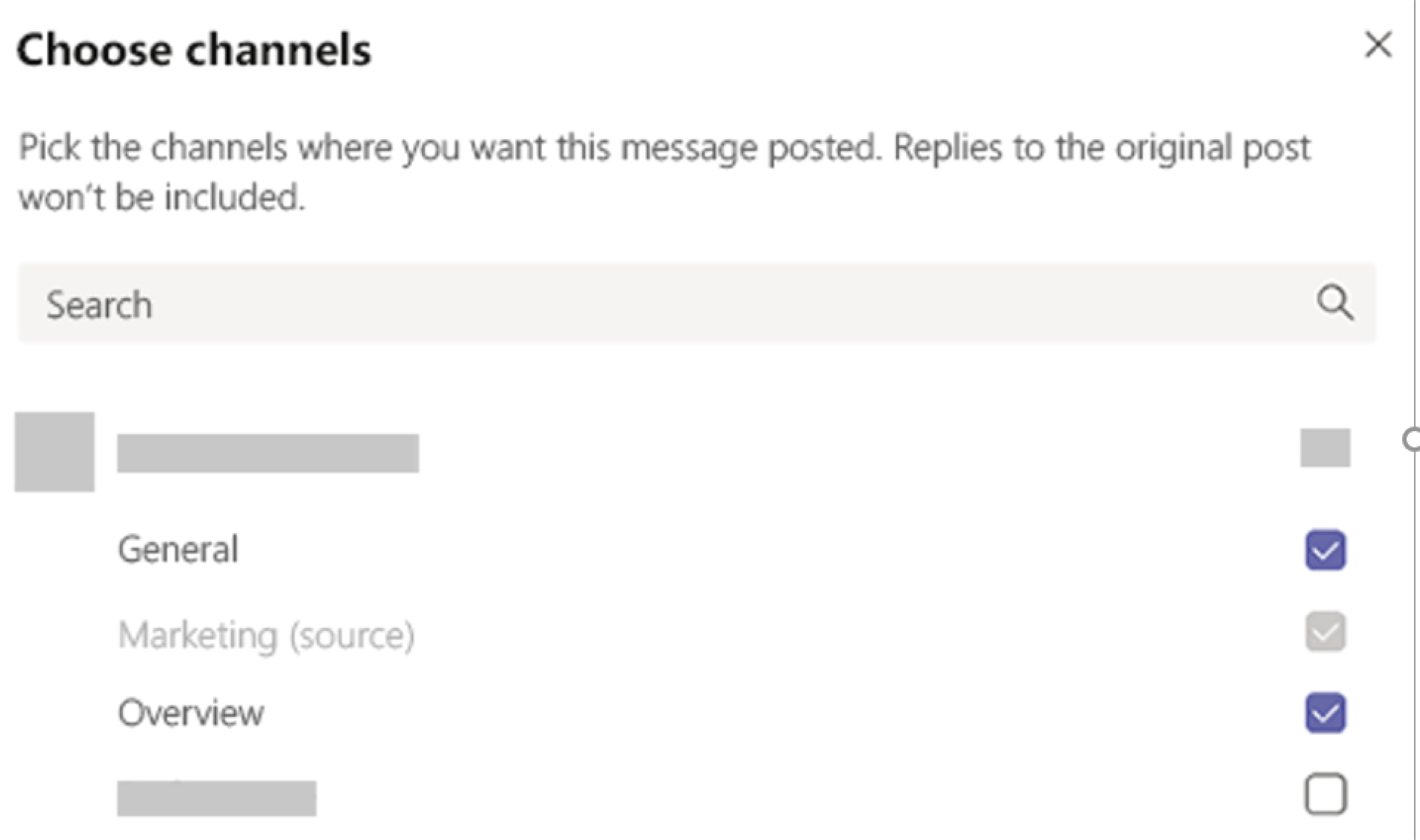 Screenshot that shows the page from which you can choose a channel for broadcast