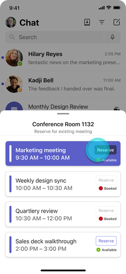 Teams mobile app with user's meetings being shown and buttons to reserve the room if free.