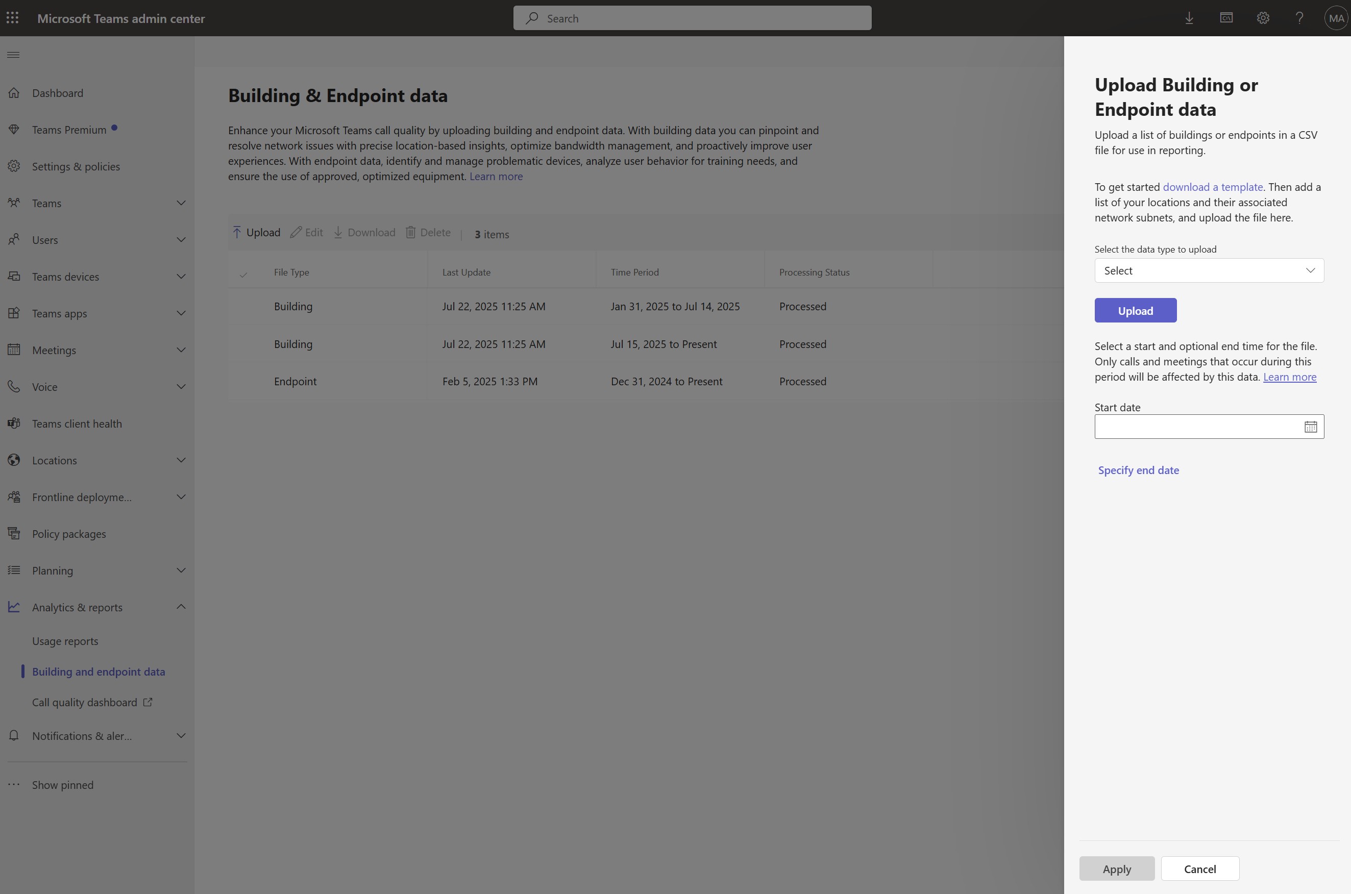 Image of the building and endpoint data upload page in Teams Admin Center