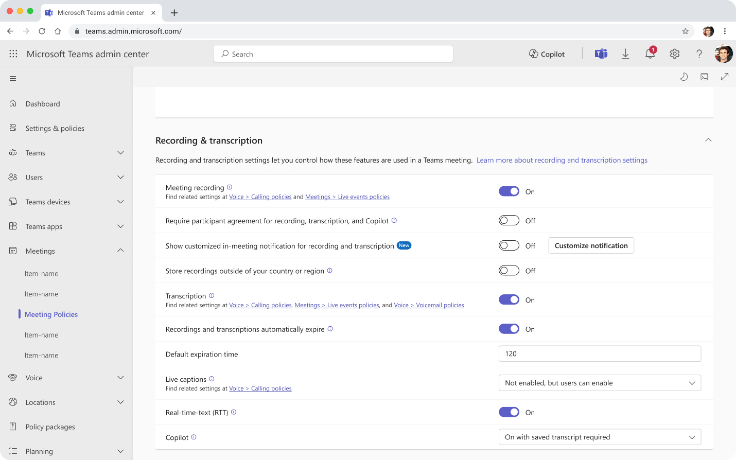 Screenshot that shows the Meeting policy setting in the Teams admin center for customizing recording and transcription messages.