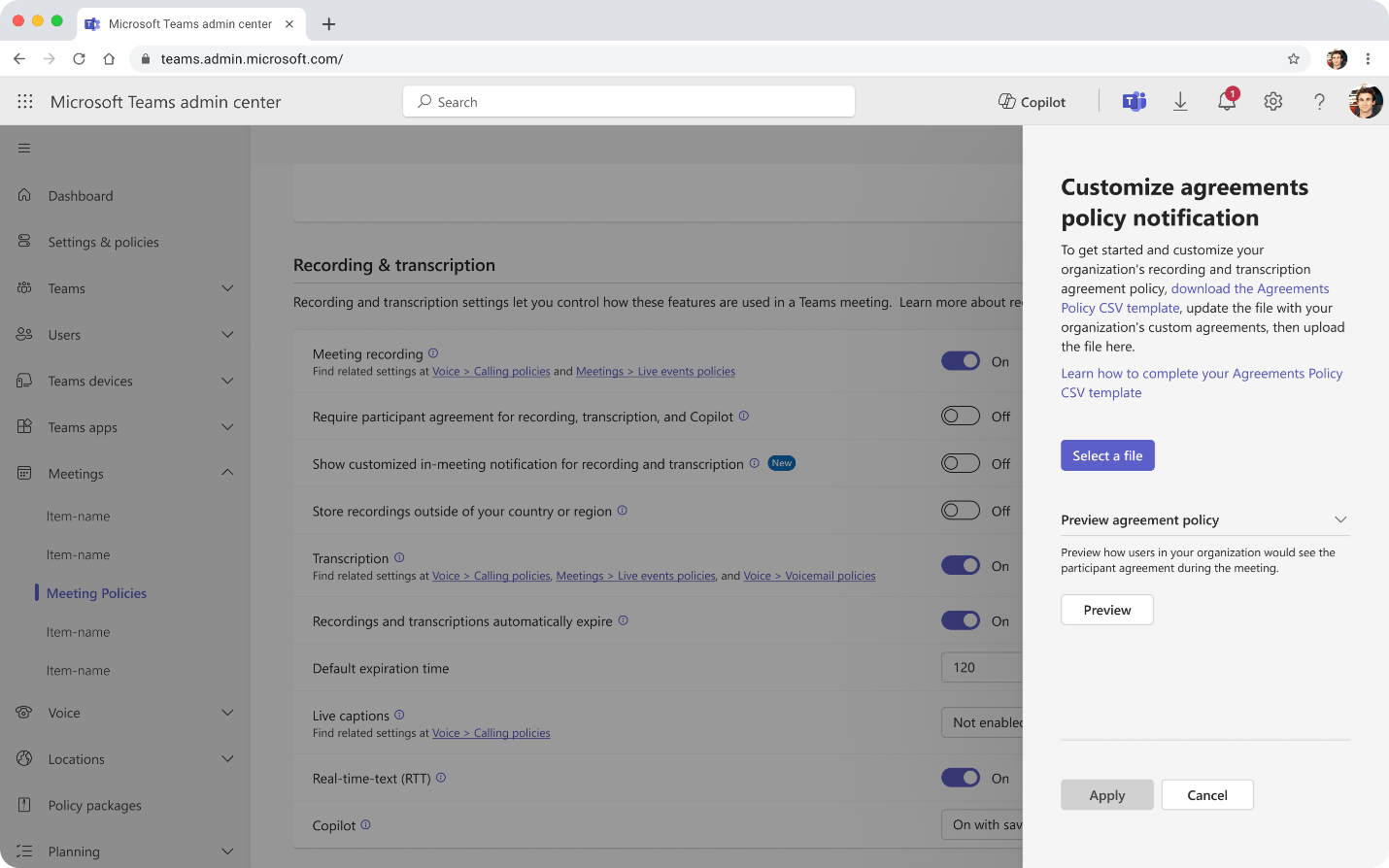 Screenshot that shows the Customize notification panel in the Teams admin center where admins can edit custom recording and transcription messages.