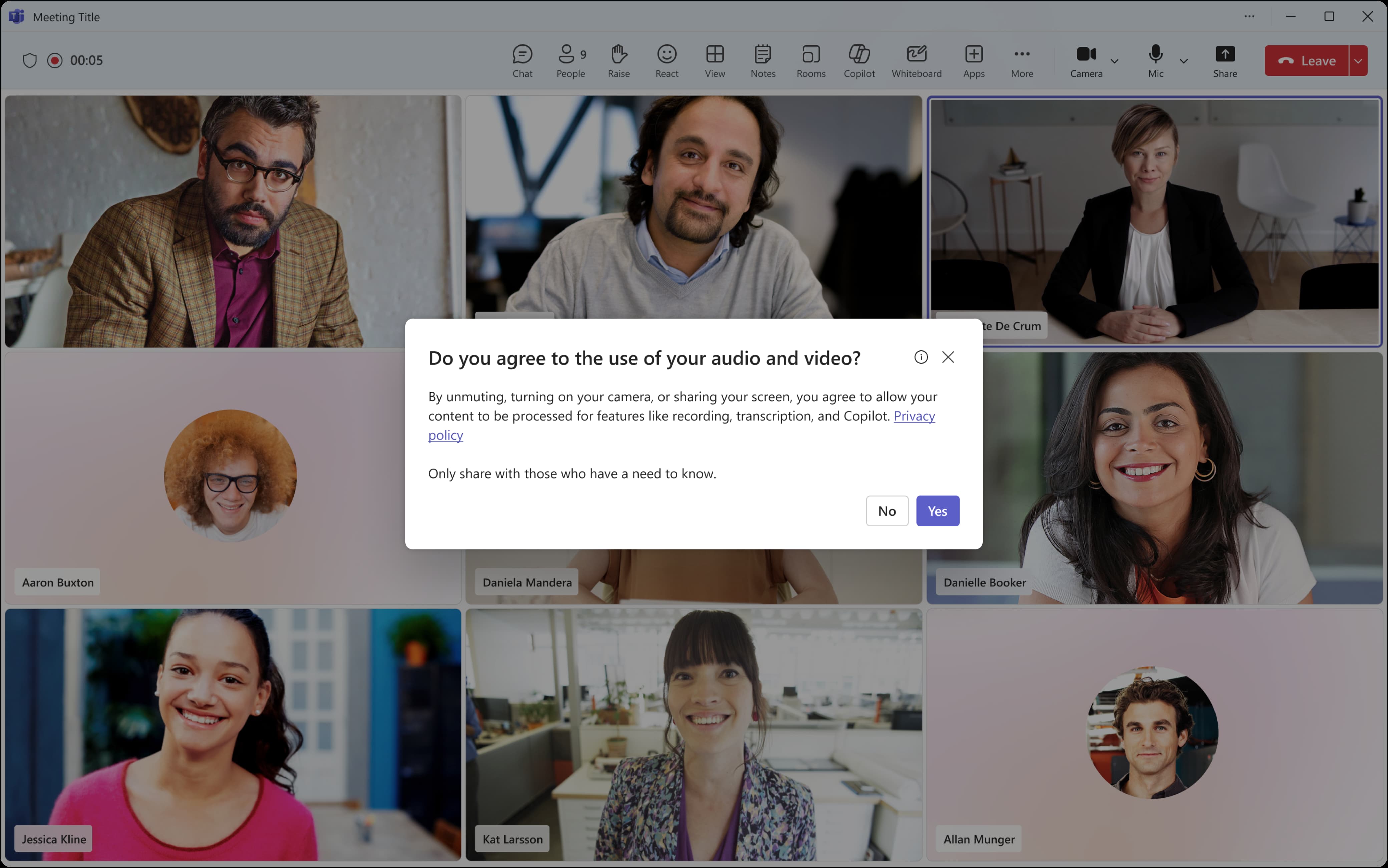 Screenshot that shows the final in-meeting behavior displaying the customized explicit consent notification to participants.