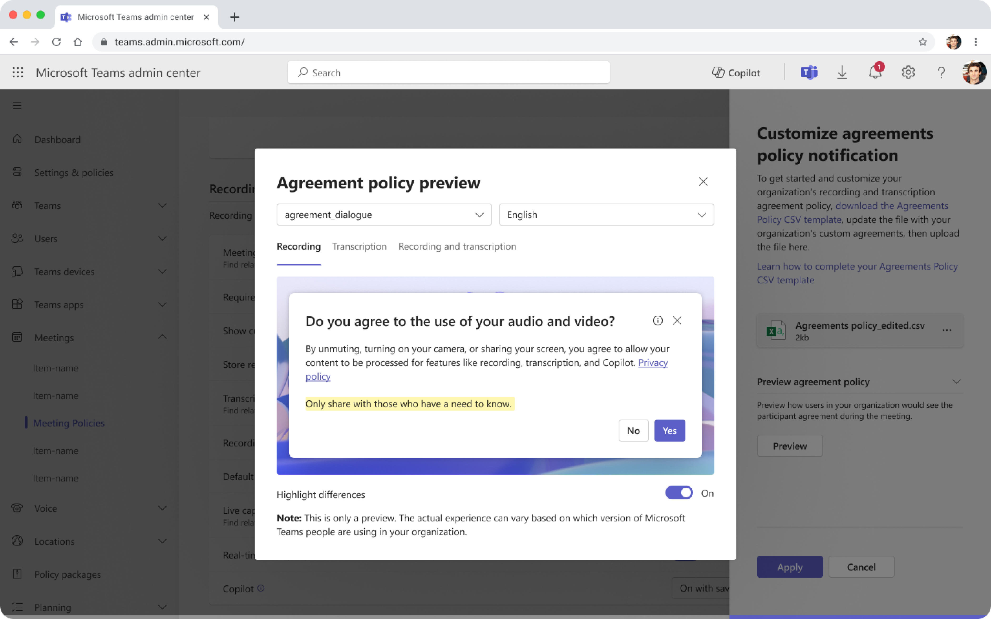 Screenshot that shows the preview dialog for explicit consent scenarios highlighting differences from defaults.
