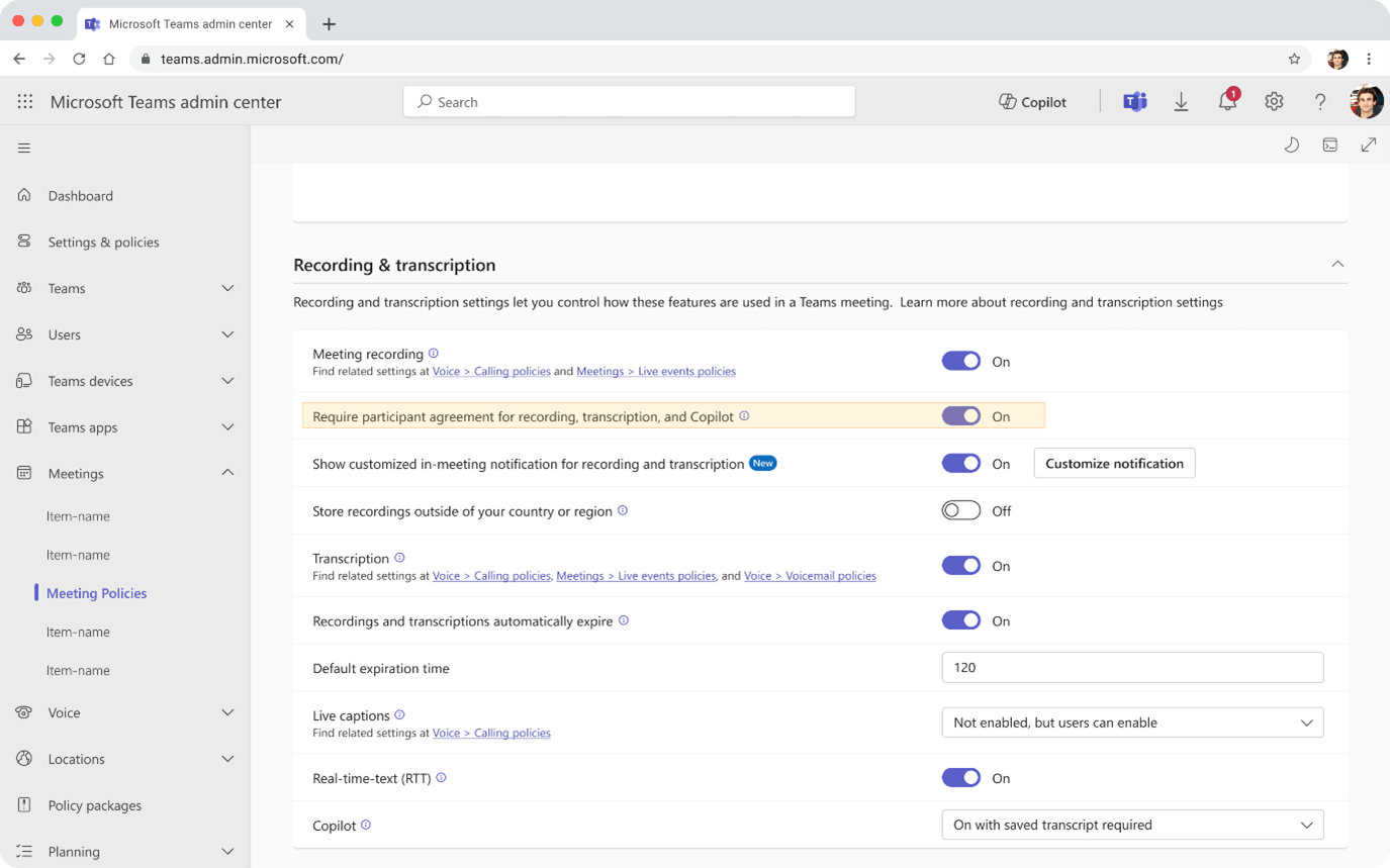Screenshot that shows the Meeting policy setting that enables explicit consent for recording and transcription.