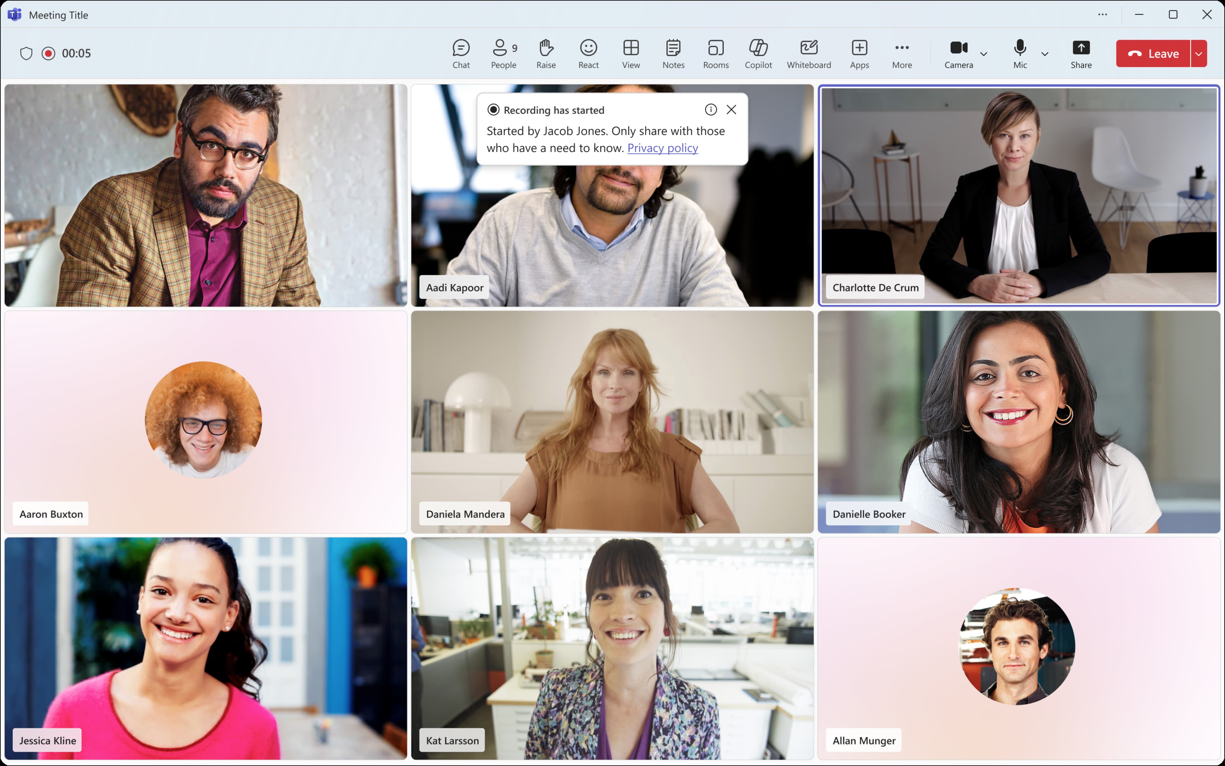 Screenshot that shows the final in-meeting behavior displaying the customized implicit consent message to participants.