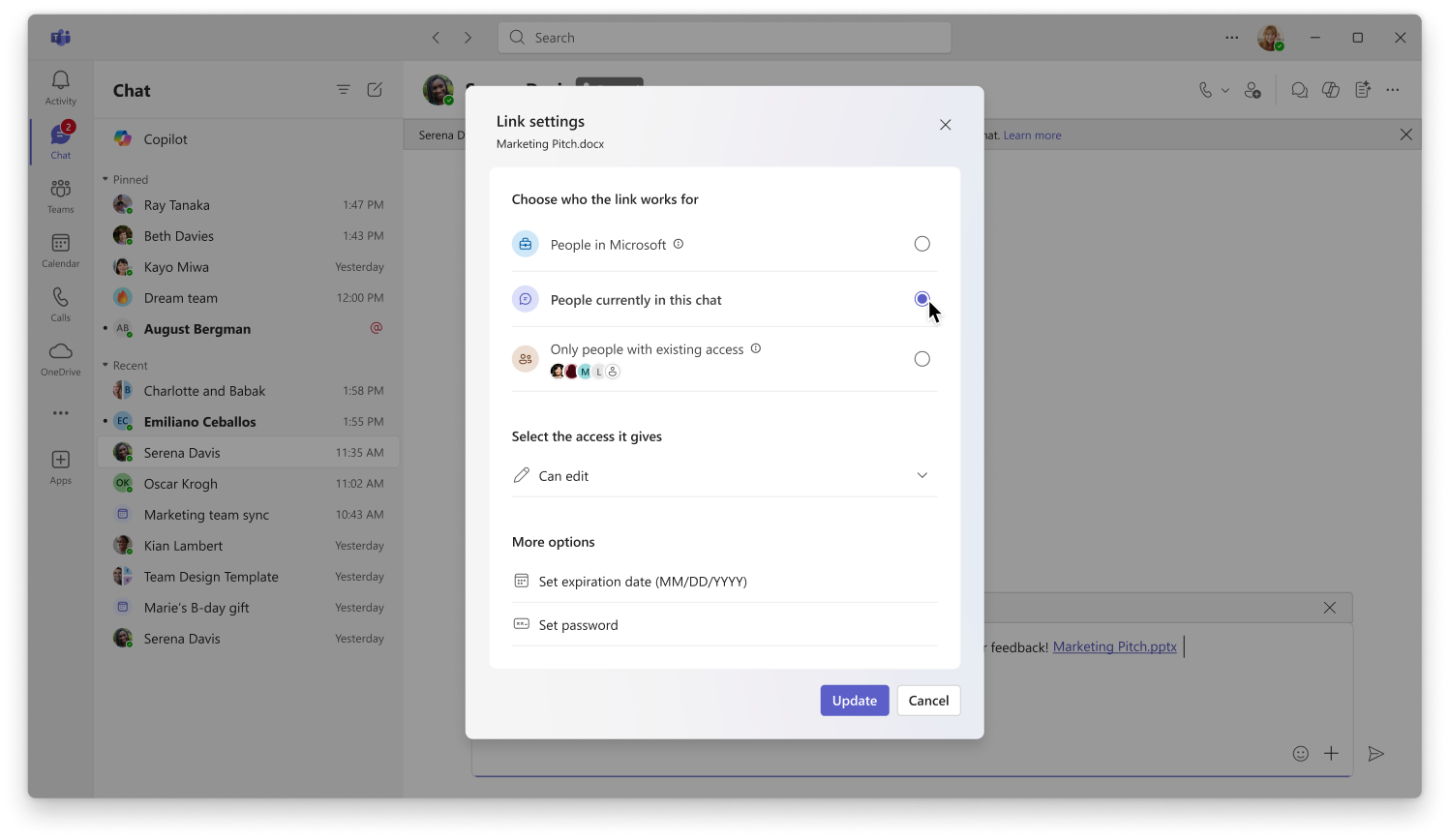 A screenshot showing how users can change permissions.