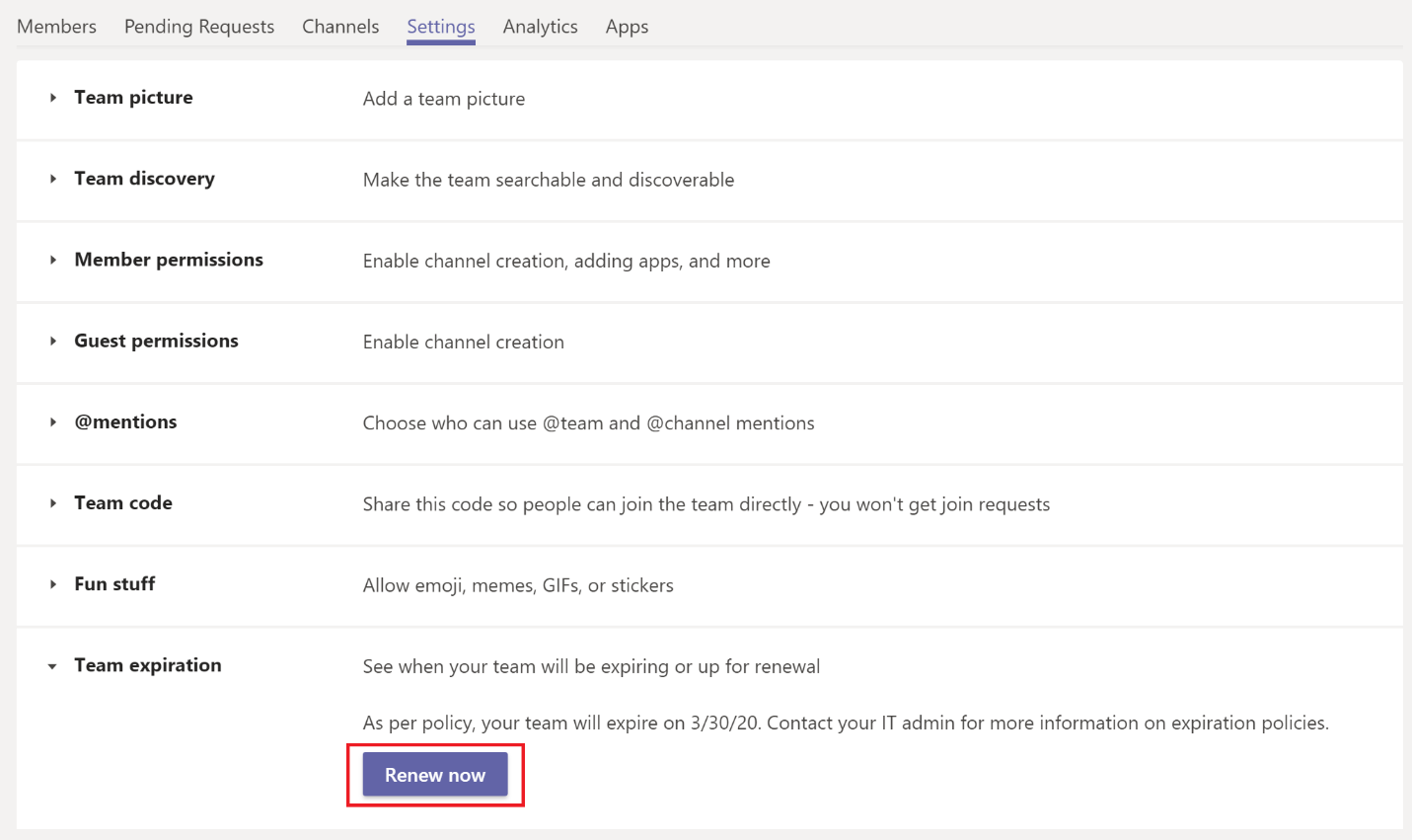 Screenshot of the Renew Now button to renew a team in team settings Screenshot of the Renew Now button to renew a team in team settings.