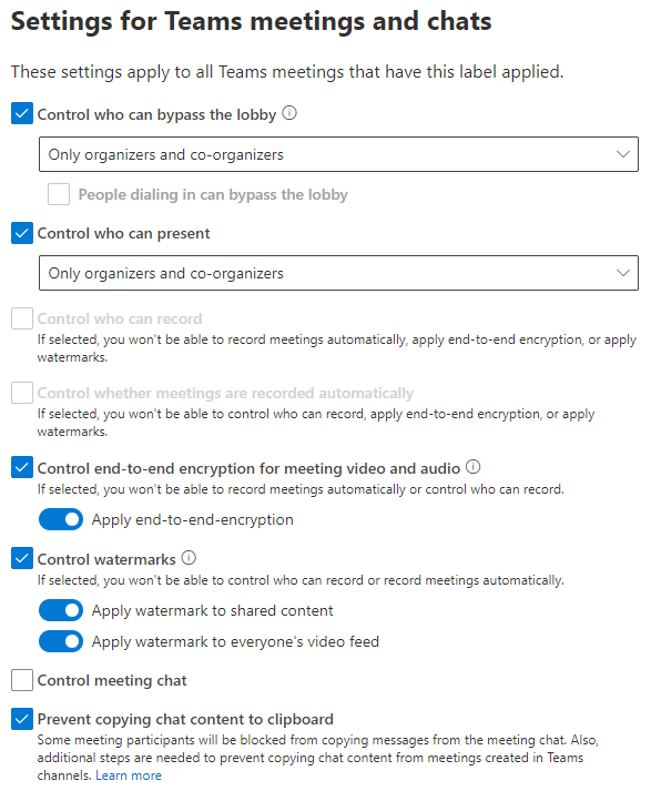 Screenshot of meeting sensitivity label settings showing configuration in this procedure.