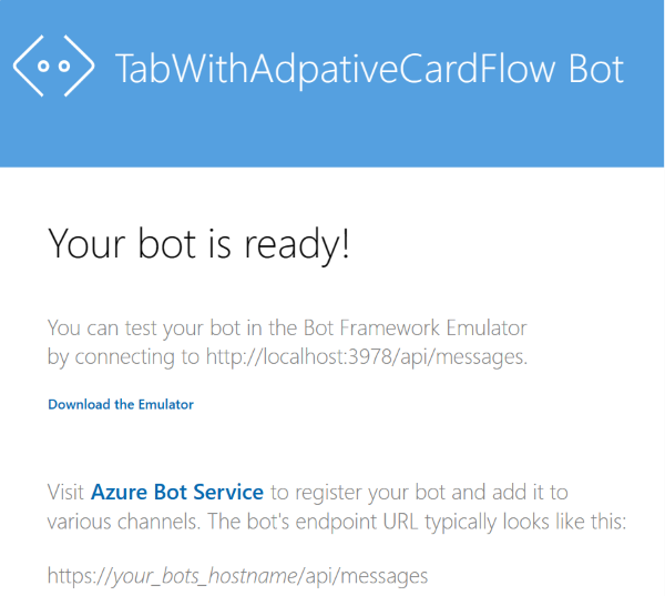 Screenshot shows the webpage that displays your bot is ready.