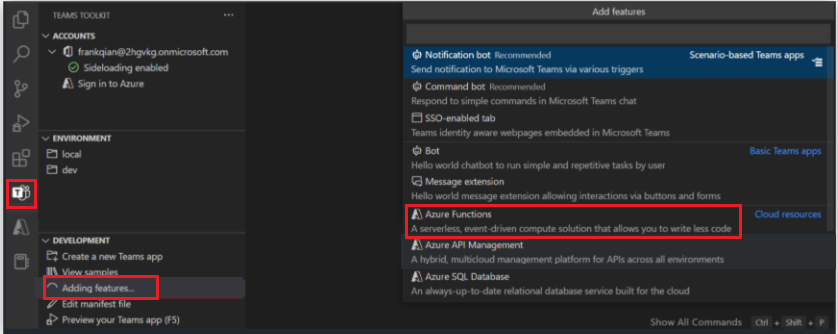Screenshot shows the selection of Azure Functions.
