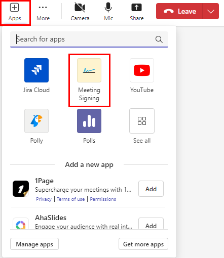 Screenshot shows how to add the app to a live meeting.