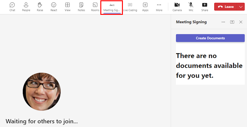 Screenshot shows the meeting signing app in the meeting window.