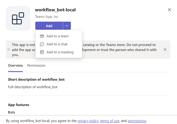 Screenshot shows the selection to add your workflow bot app.
