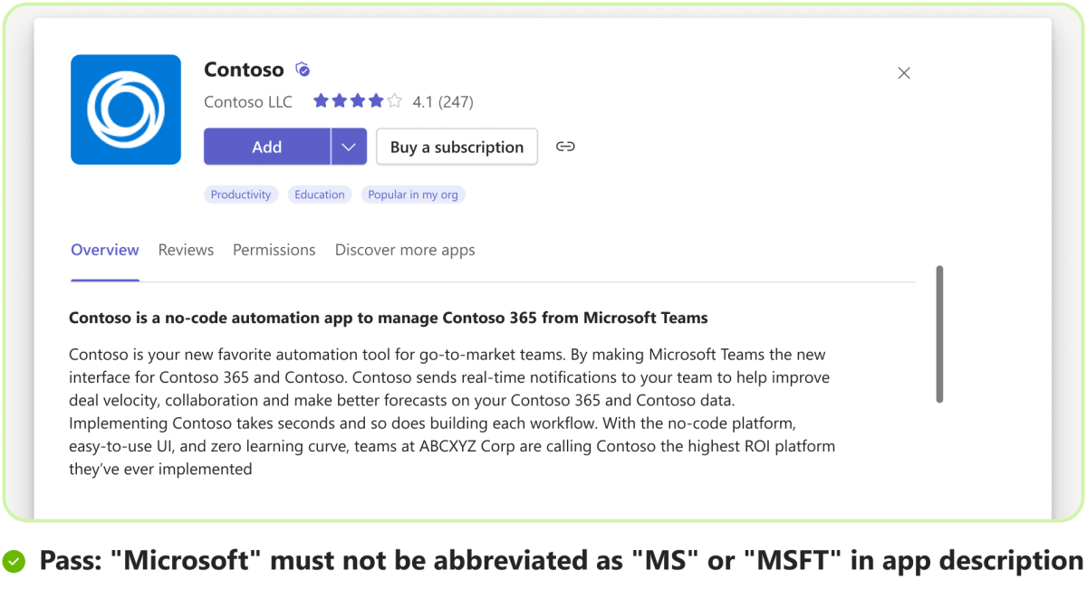 Graphic shows an example of abbreviating Microsoft as MS or MSFT  for the first time in app description.