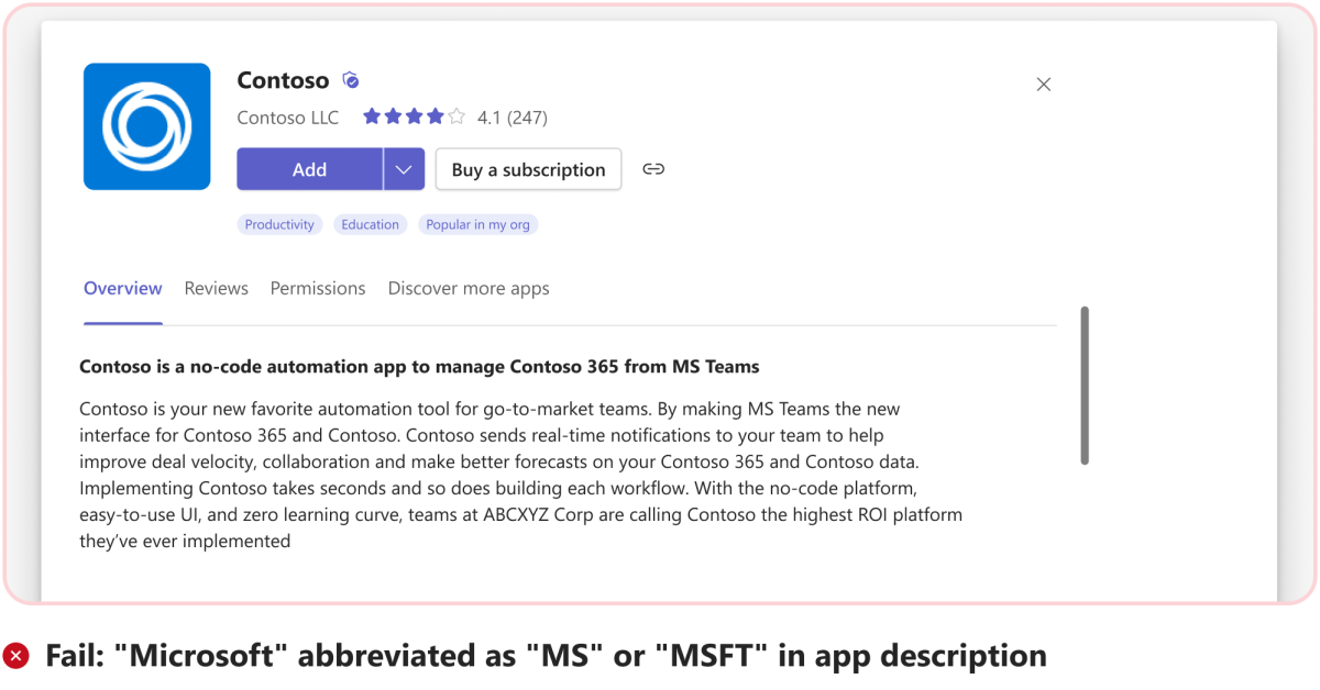 Graphic shows an example of not abbreviating Microsoft as MS or MSFT for the first time in app description.