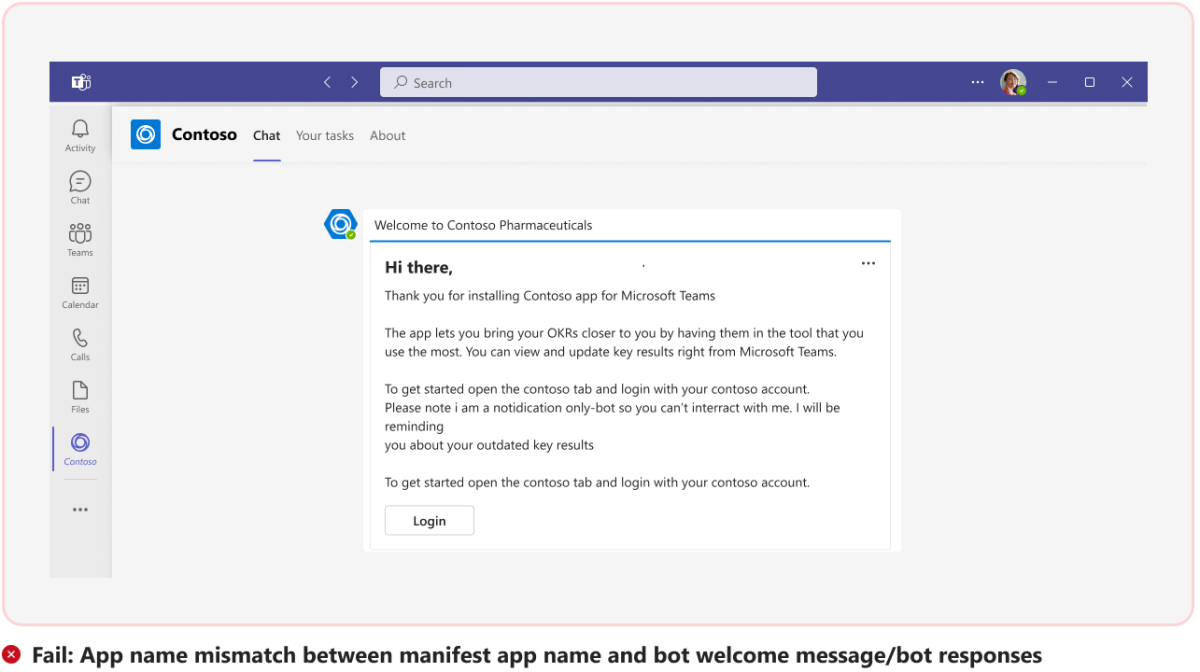 Graphic shows an example of app name in welcome message not matching with the app name in the app manifest.