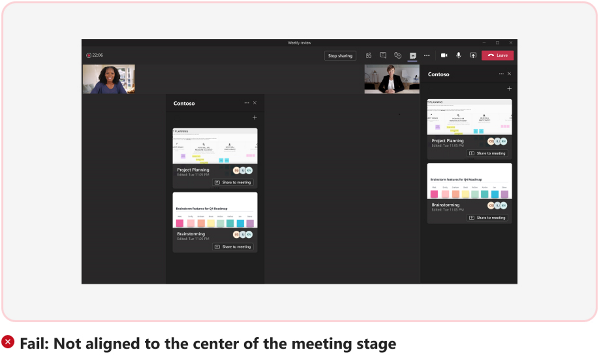 Graphic shows an example of in-meeting dialog not aligning with the center of meeting stage.