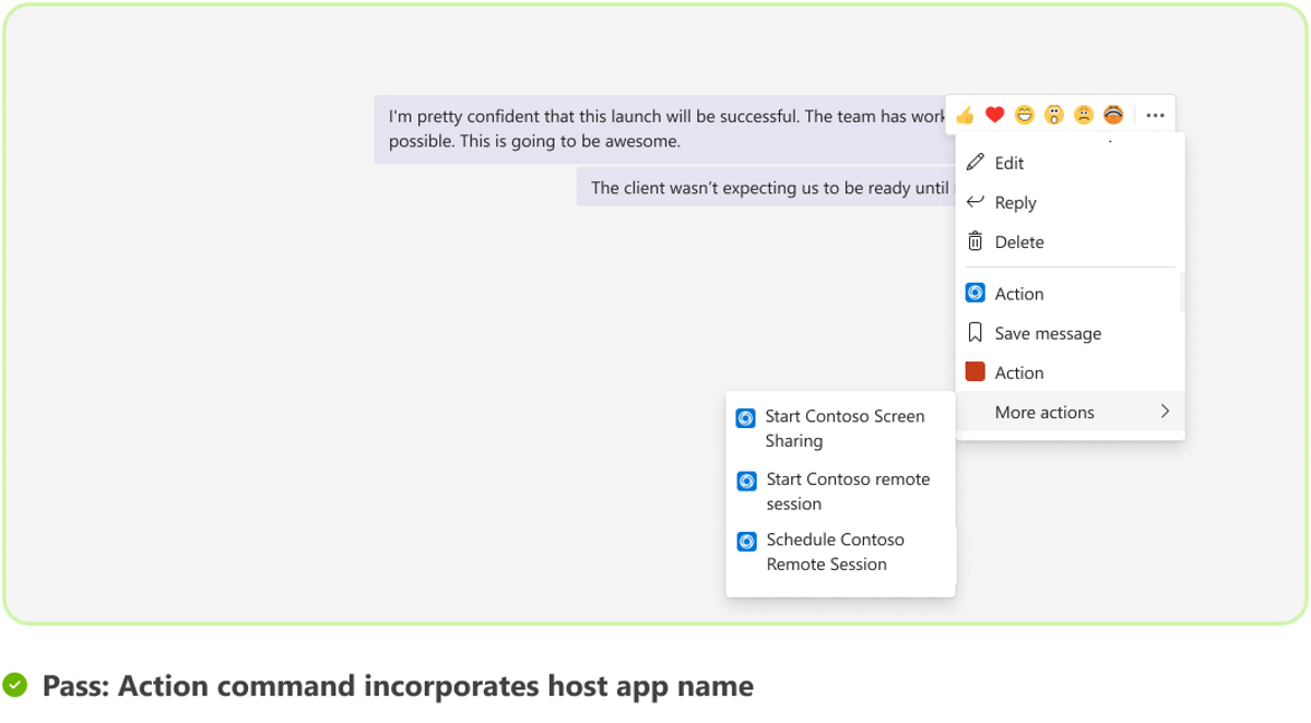 Graphic shows an example of host app name for an action command.