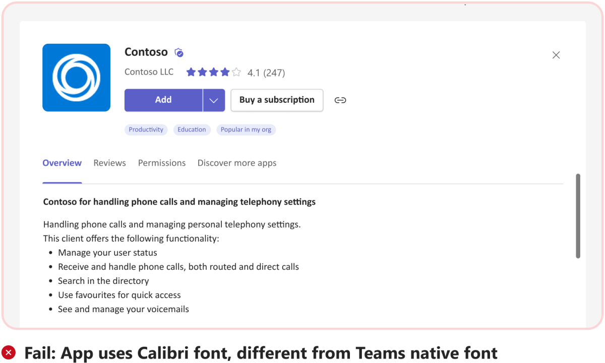 Screenshot shows an example of a tab with calibri font instead of native Teams font.