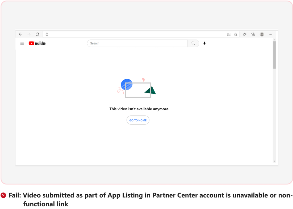 Screenshot shows the failed scenario of video submitted as part of app listing in partner center.