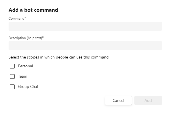Screenshot shows how to add a command, description and scopes for your bot.