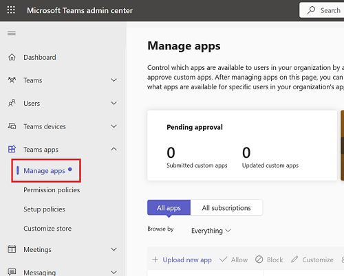 Screenshot of Teams admin center and section for custom app upload in Teams.