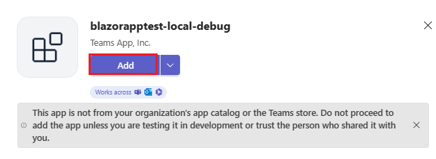 Screenshot shows Teams displaying the Add option for adding Blazor app.