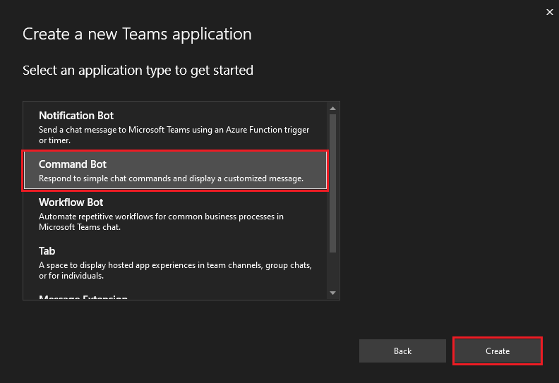 Screenshot of Create a new Teams application with Command Bot and Create options highlighted in red.