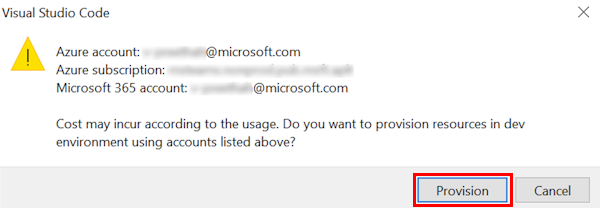 Screenshot shows a dialog box that warns the user that a cost might be incurred while provisioning Azure resources.