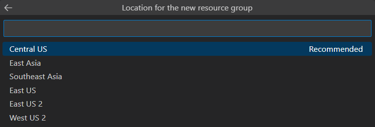 Screenshot shows the options for the location of the new Azure resource group.
